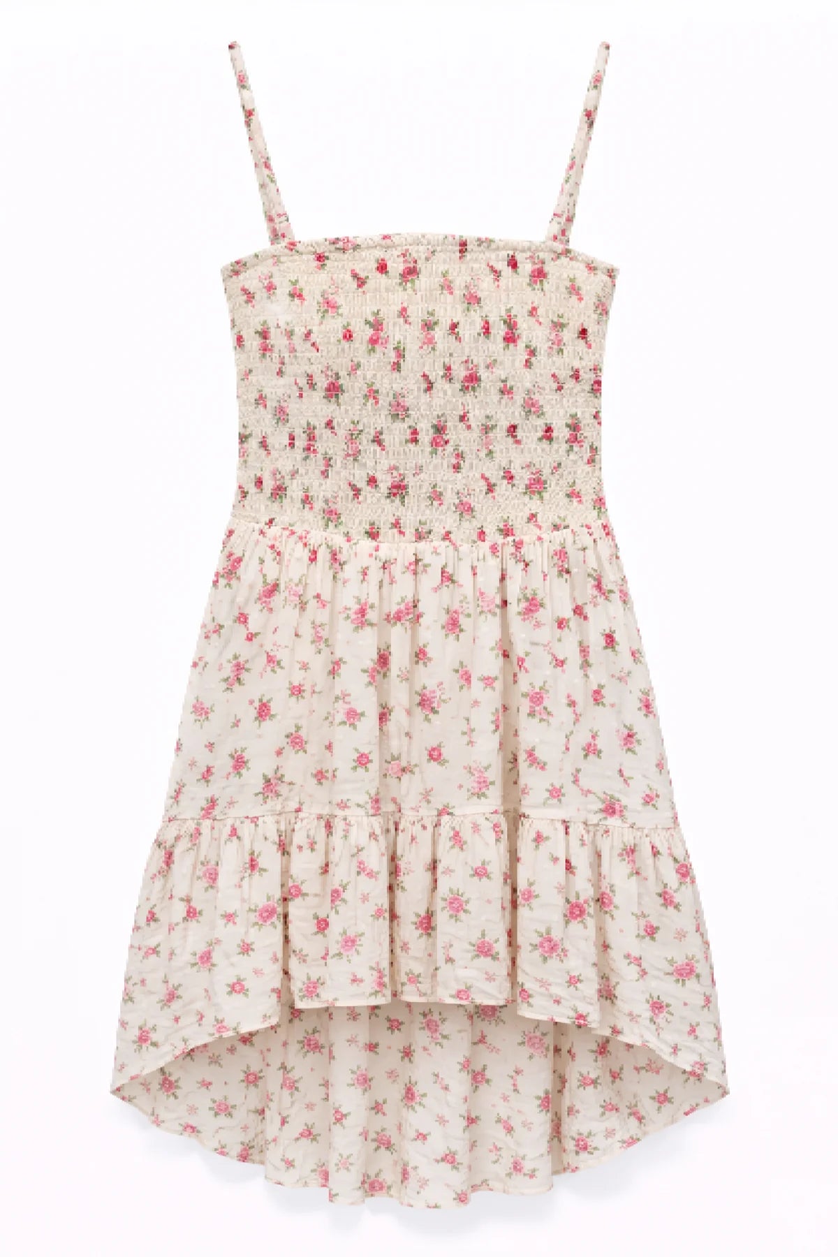 katiej tween girls Floral dress with thin straps on a white background