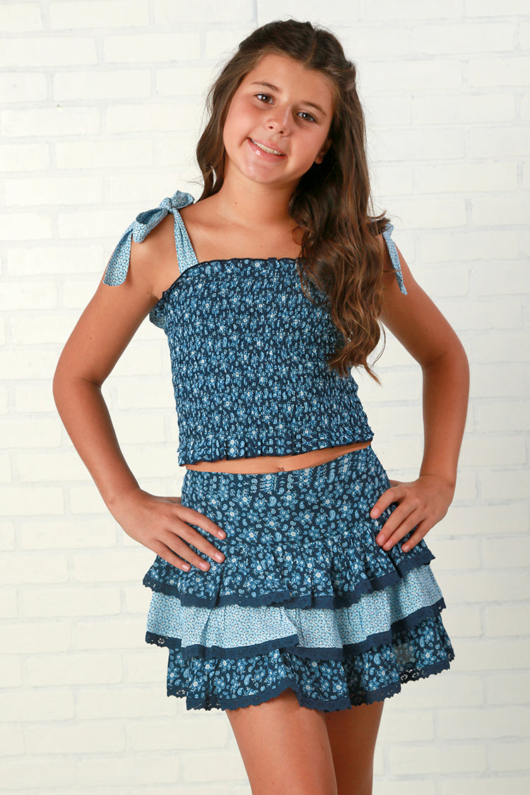 KatieJ NYC Tween Melody Ruffled Lace Trim Skirt- Navy Floral