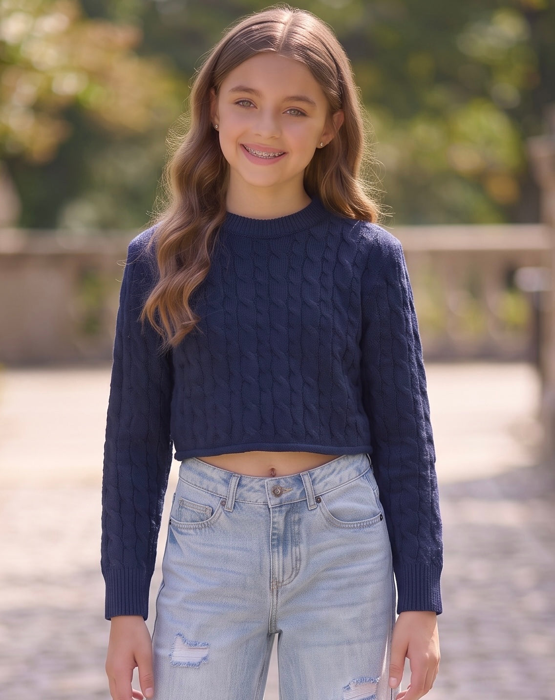 KatieJ NYC Briar cable knit sweater in Evening Blue for trendy tween girls