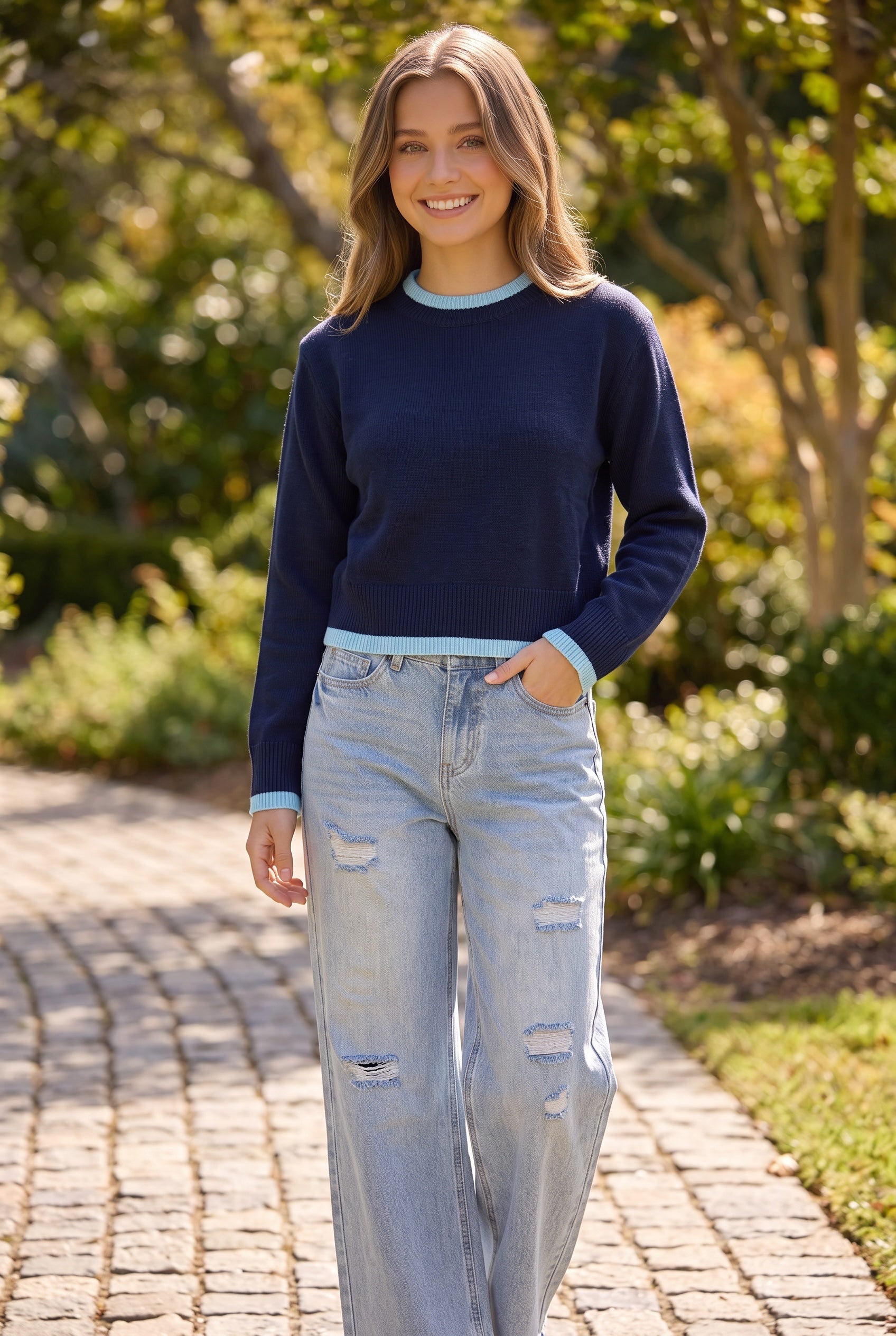 KatieJ NYC distressed wide leg jeans in light wash denim