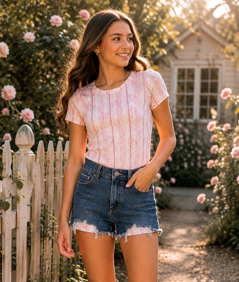 Tween girl wearing KatieJ NYC dark wash denim shorts with rose floral pockets for a trendy back to school outfit