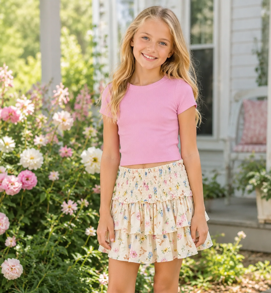 A young girl stands on a stone path in front of a house porch, wearing a KatieJ NYC Bianca tween skirt in cream tossed floral with smocked waist and tiered ruffles