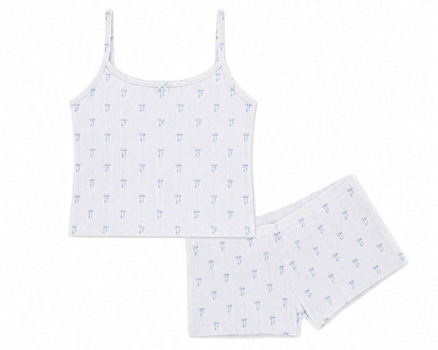 Girls white cotton lounge cami with a baby blue bow print by KatieJ NYC, designed for cozy sleepwear, lounging, and matching pajama sets.