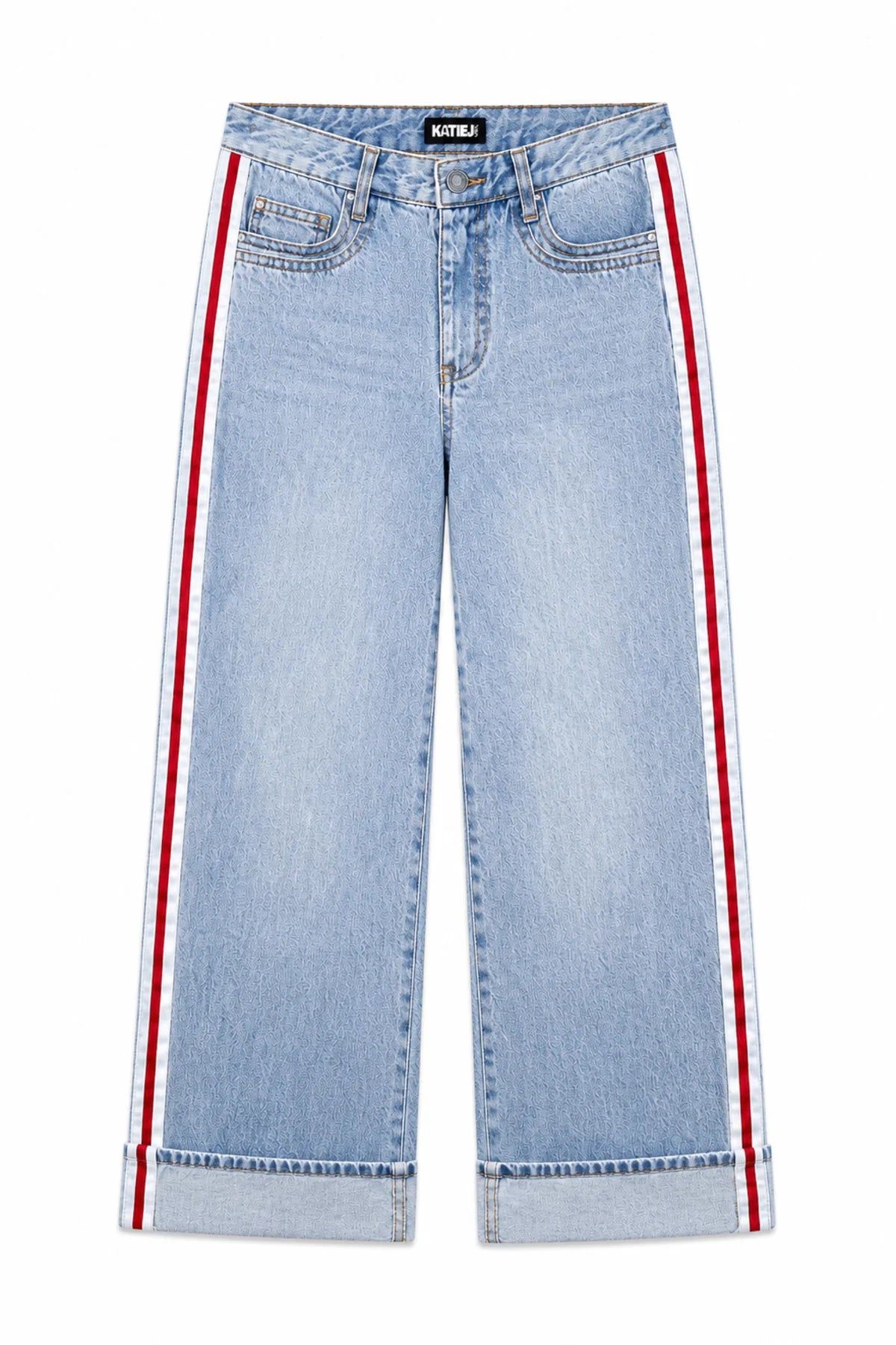 KatieJ NYC Boston Wide Leg Jean featuring light wash denim, contrast red and white side stripes, wide leg fit, and cuffed hems.
