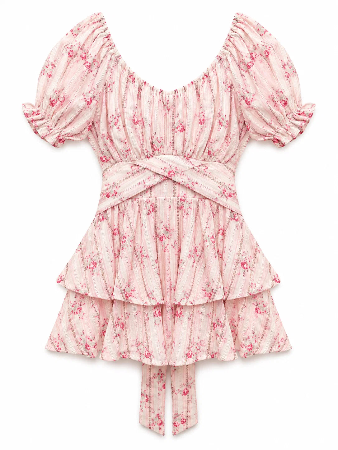 KatieJ NYC Delilah dress in rose floral stripe featuring puff sleeves, criss-cross waist tie and double-layer full skirt for tween girls