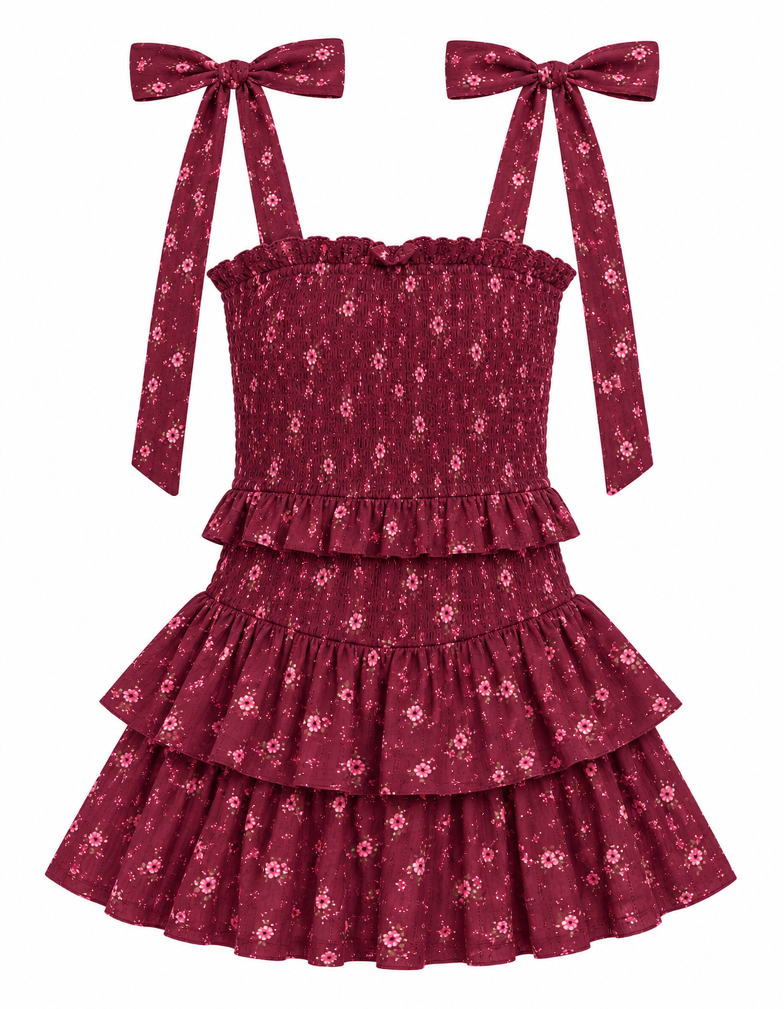 A sleeveless tiered dress in deep burgundy with a small pink floral print, featuring tie-shoulder straps and a ruffled skirt, shown on a plain white background.