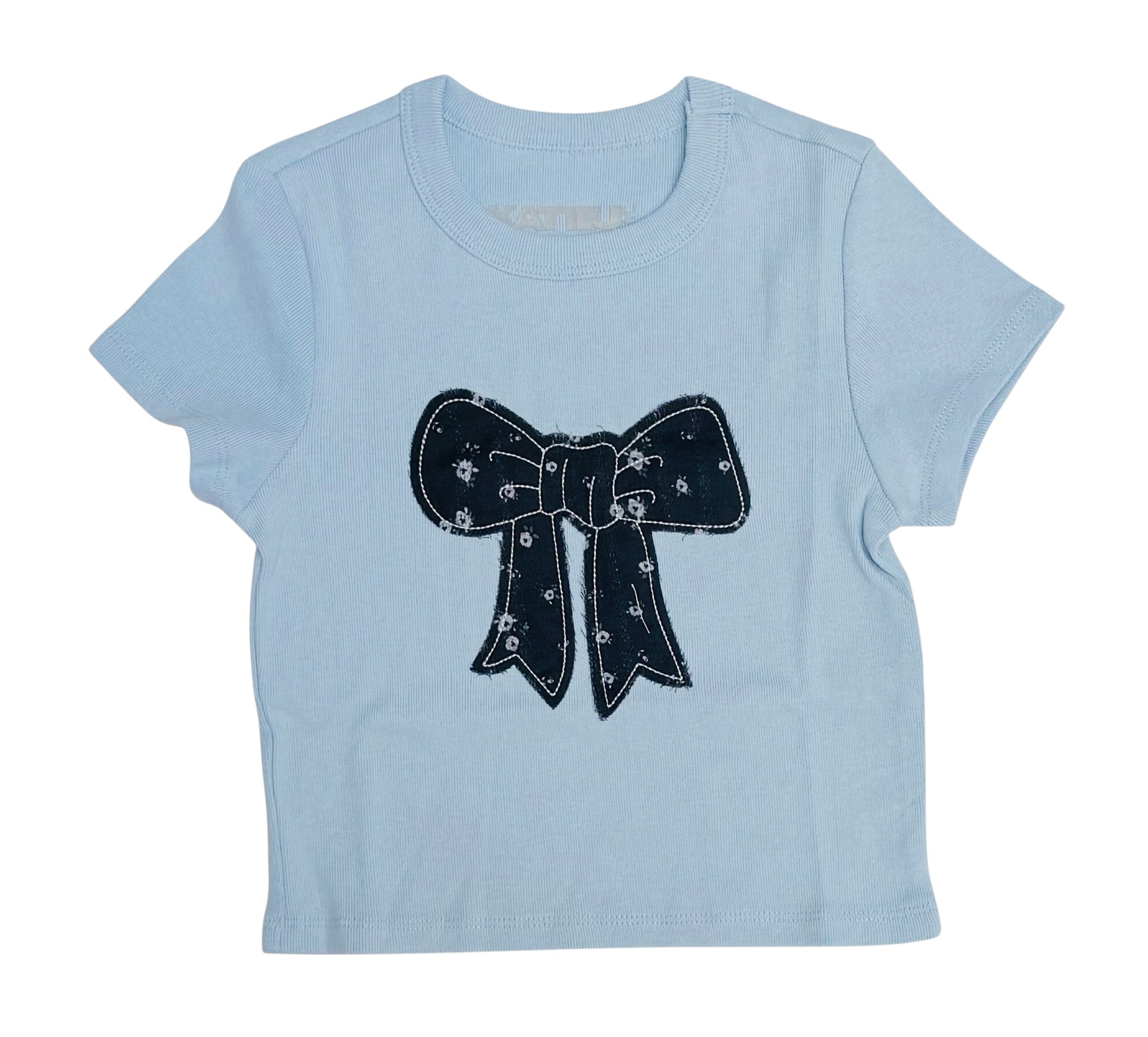 KatieJ NYC baby blue baby tee with black floral bow appliqué