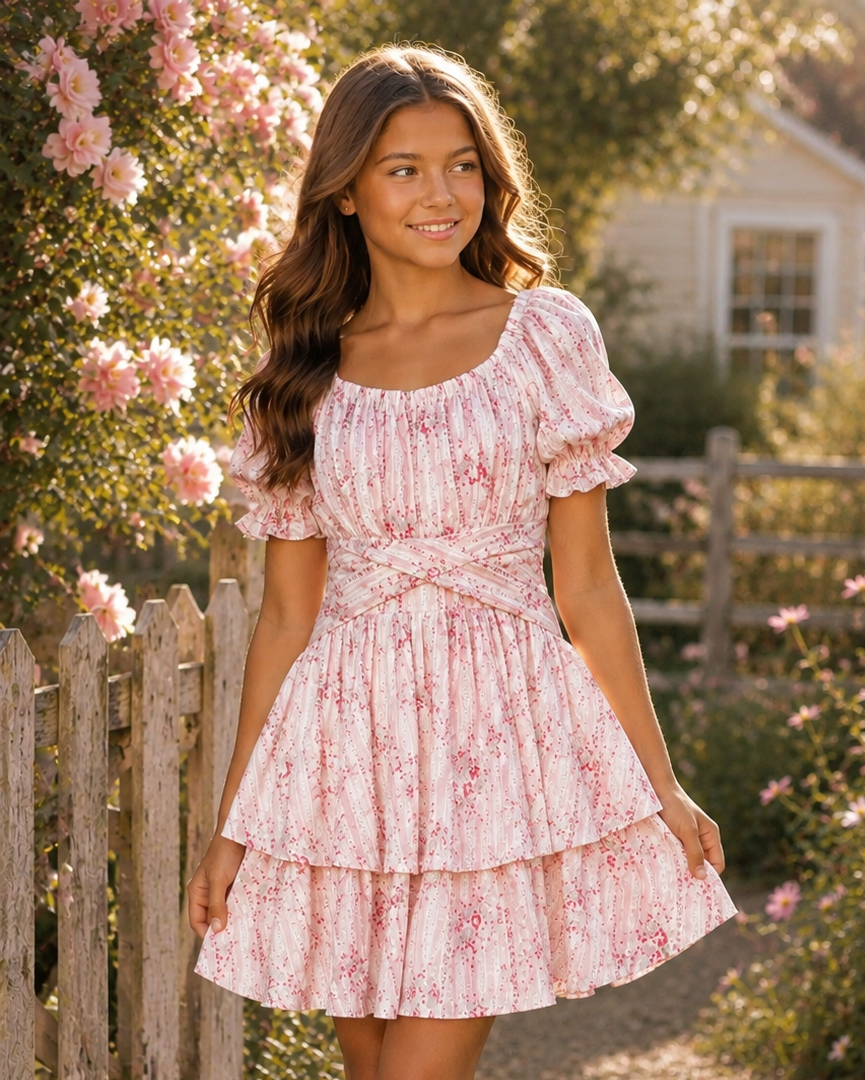 Rose floral stripe KatieJ NYC girls dress with puff sleeves and layered skirt, elegant boutique dress for tweens