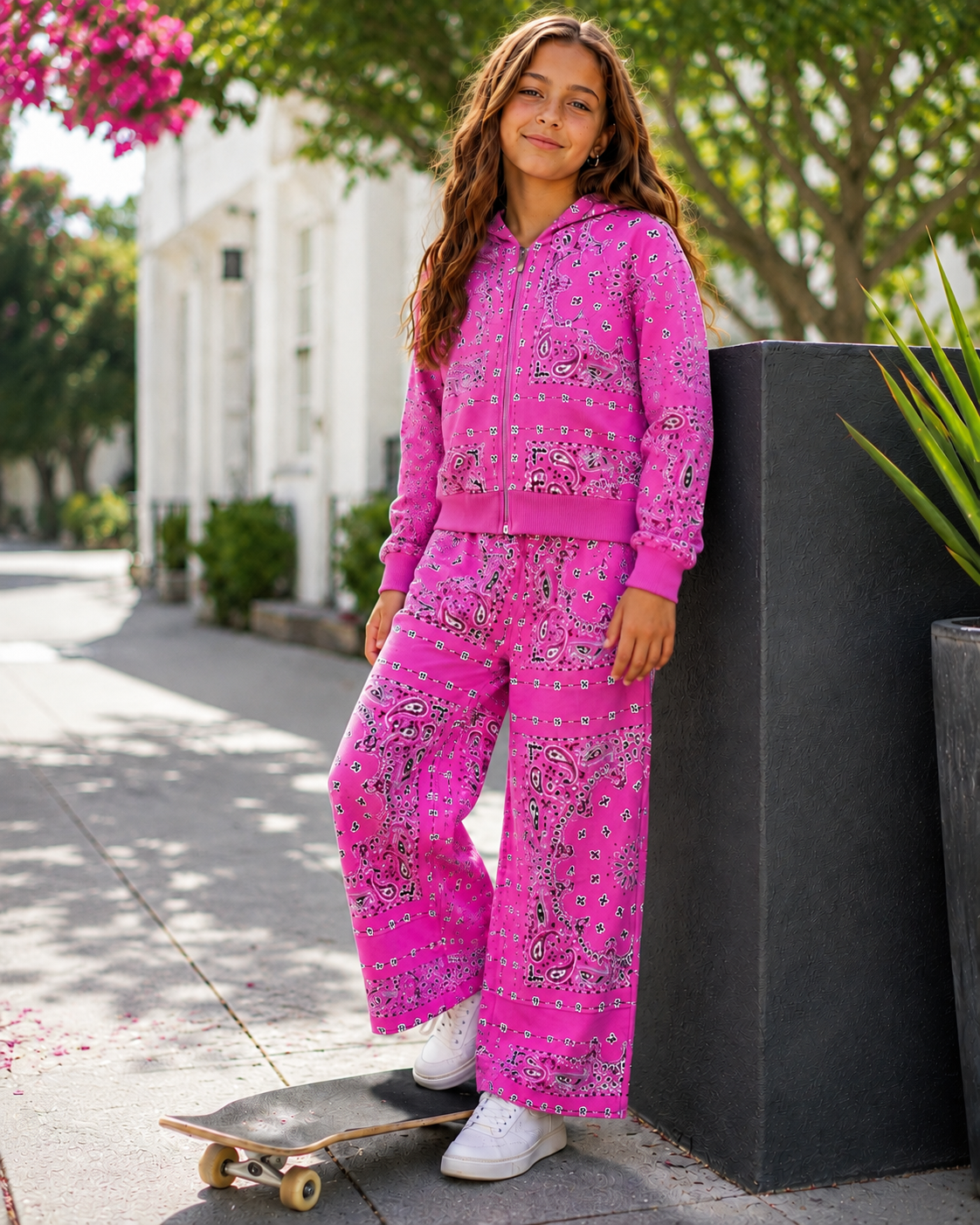 Close-up of KatieJ NYC Haden hot pink bandana print zip-up hoodie with front pockets for tween girls