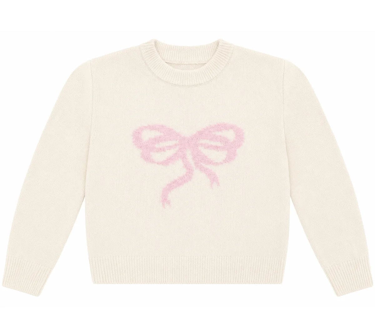 KatieJ NYC Maggie Sweater in ivory featuring a large soft pink bow knit design on the front and a cozy crewneck silhouette.
