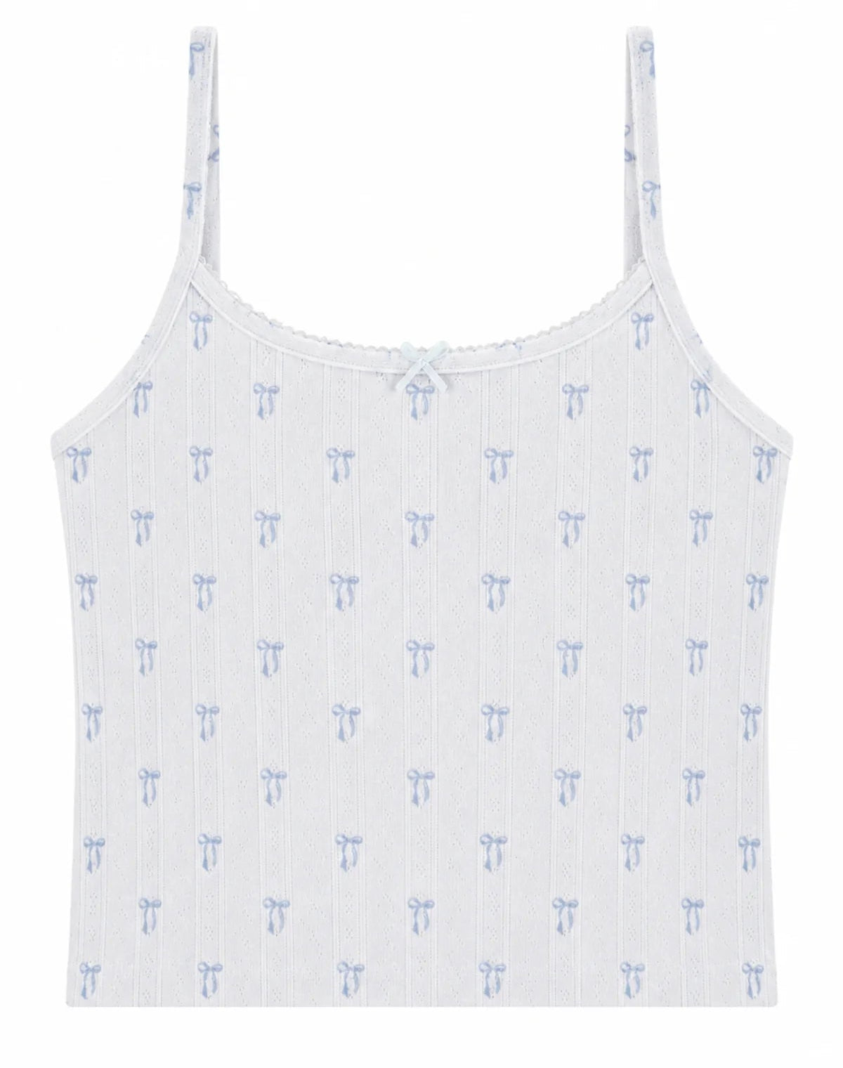 KatieJ NYC Marina Cami Top featuring a soft white cotton fabric with an allover baby blue bow print, adjustable straps, and delicate bow detail at the neckline.