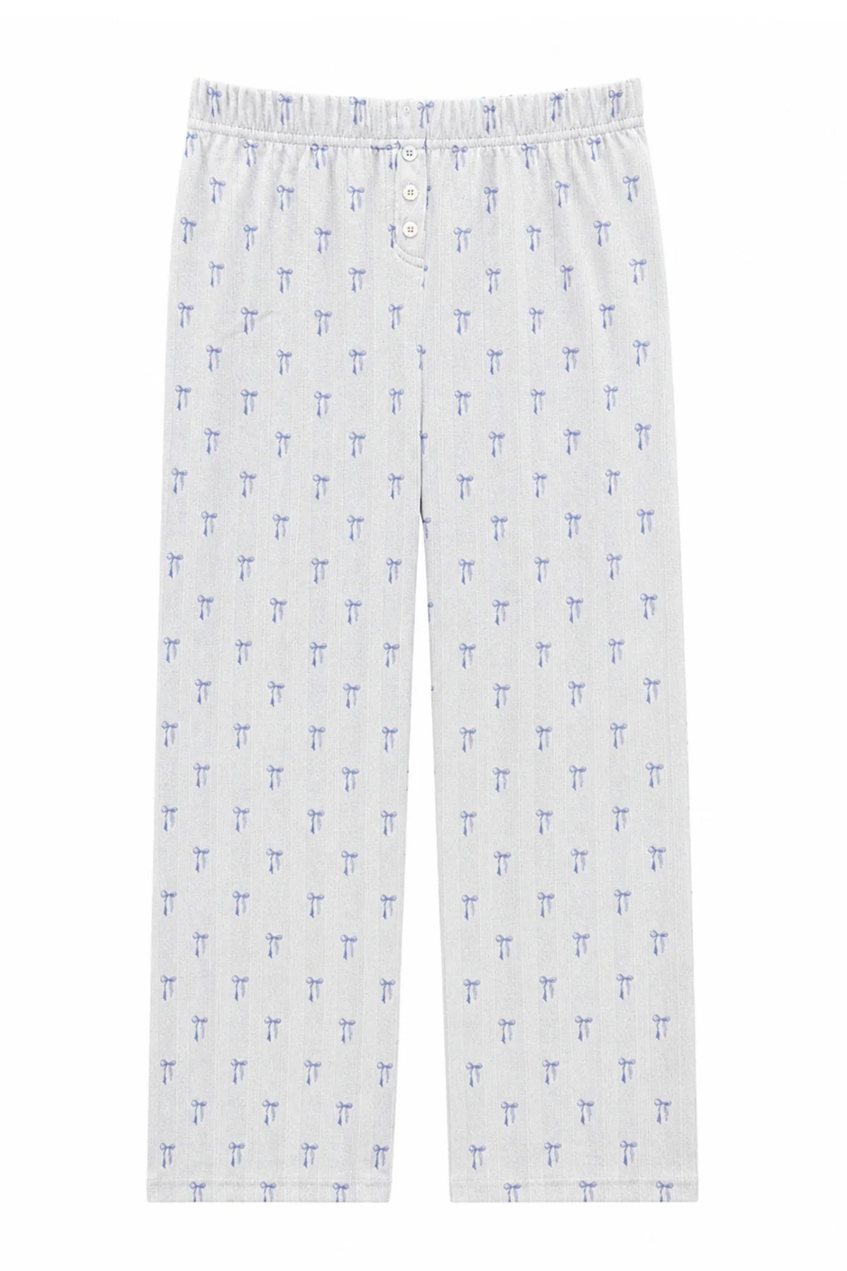 KatieJ NYC Marina Lounge Pants featuring a soft white ribbed cotton fabric with an allover baby blue bow print, relaxed wide leg fit, and comfortable elastic waistband.