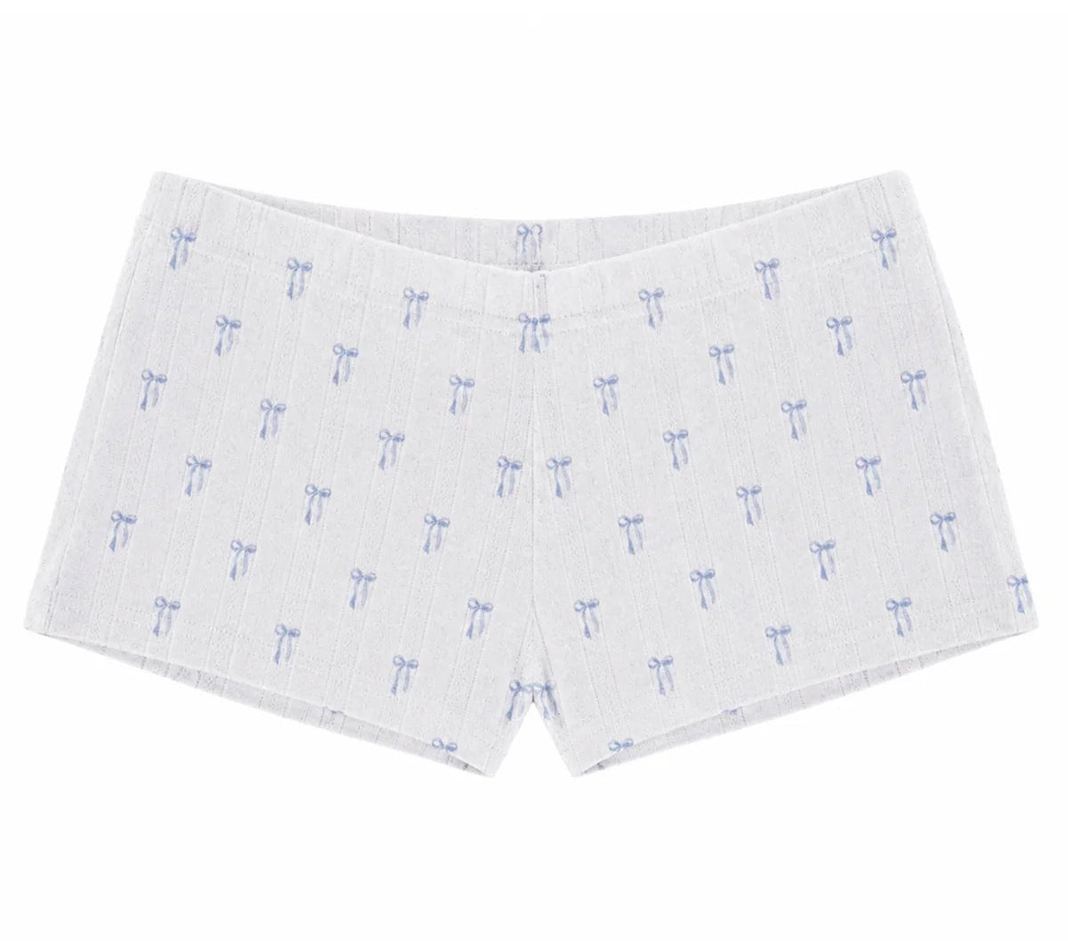 KatieJ NYC Marina lounge shorts featuring a soft white ribbed cotton fabric with an allover baby blue bow print and comfortable elastic waistband.
