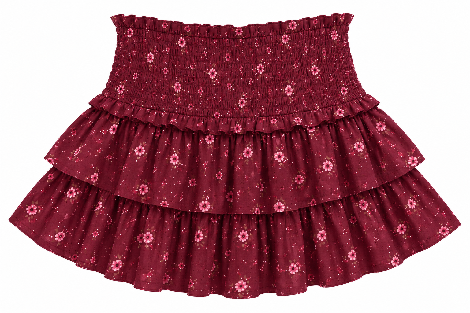 A tiered ruffle skirt in a smocked burgundy fabric with a small pink and white floral print, shown against a plain white background.