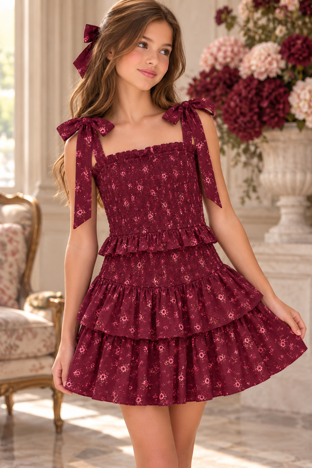 A young girl wearing a tiered burgundy dress with a floral pattern and bow details on the straps, standing in a decorated indoor setting.