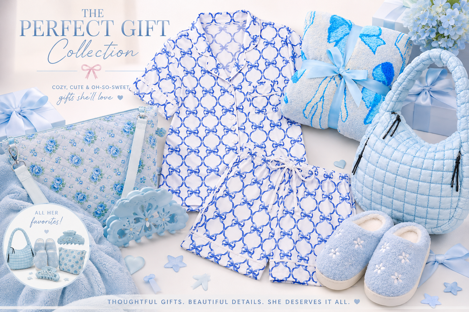 tween girls gift ideas featuring KatieJ Loungewear, puffer tote, fuzzy blue slippers, an iscream blue floral print tote bag, blue bow blanket. Perfect for gifting