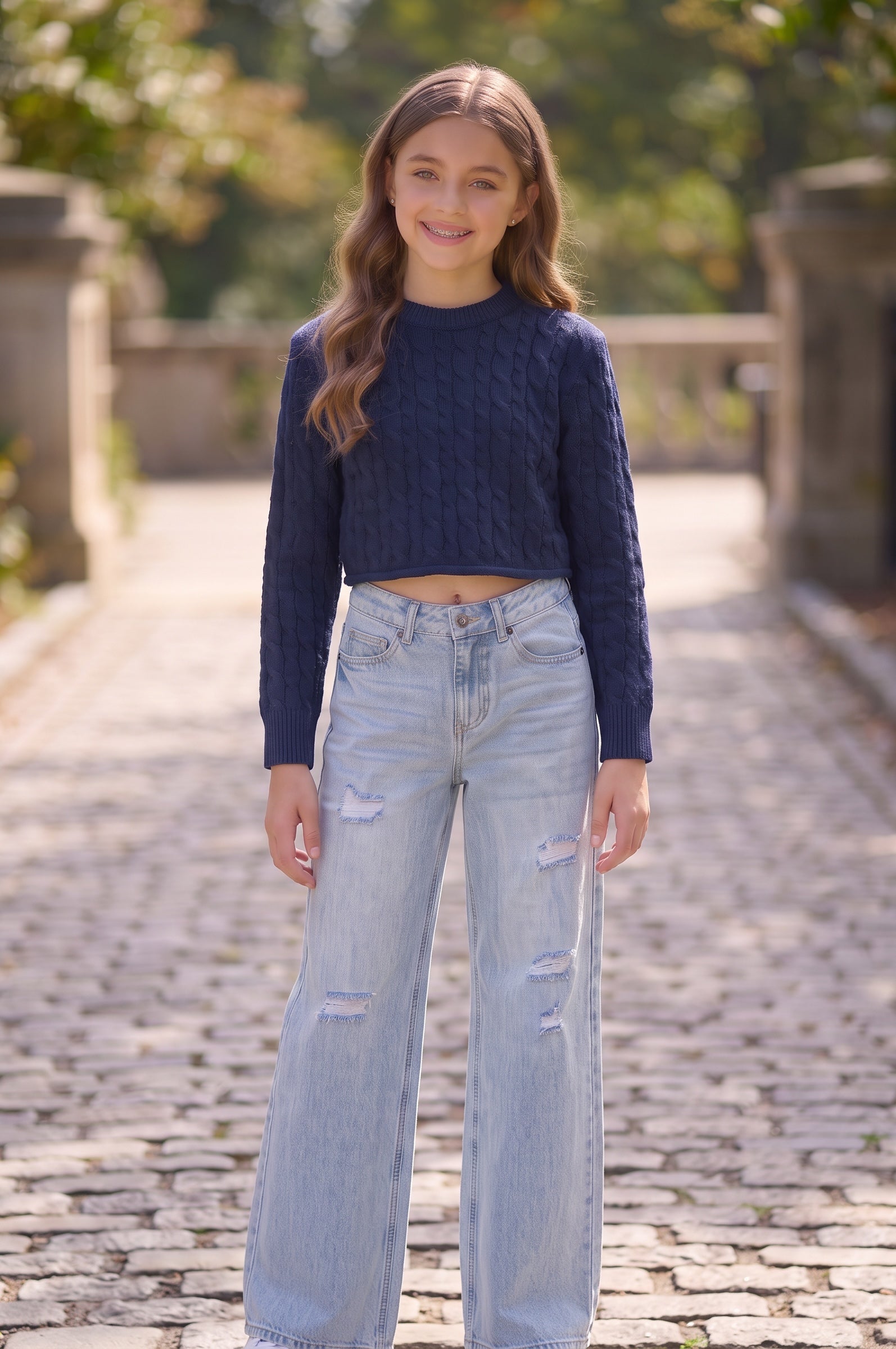 Tween girl navy cable knit cropped sweater by KatieJ NYC