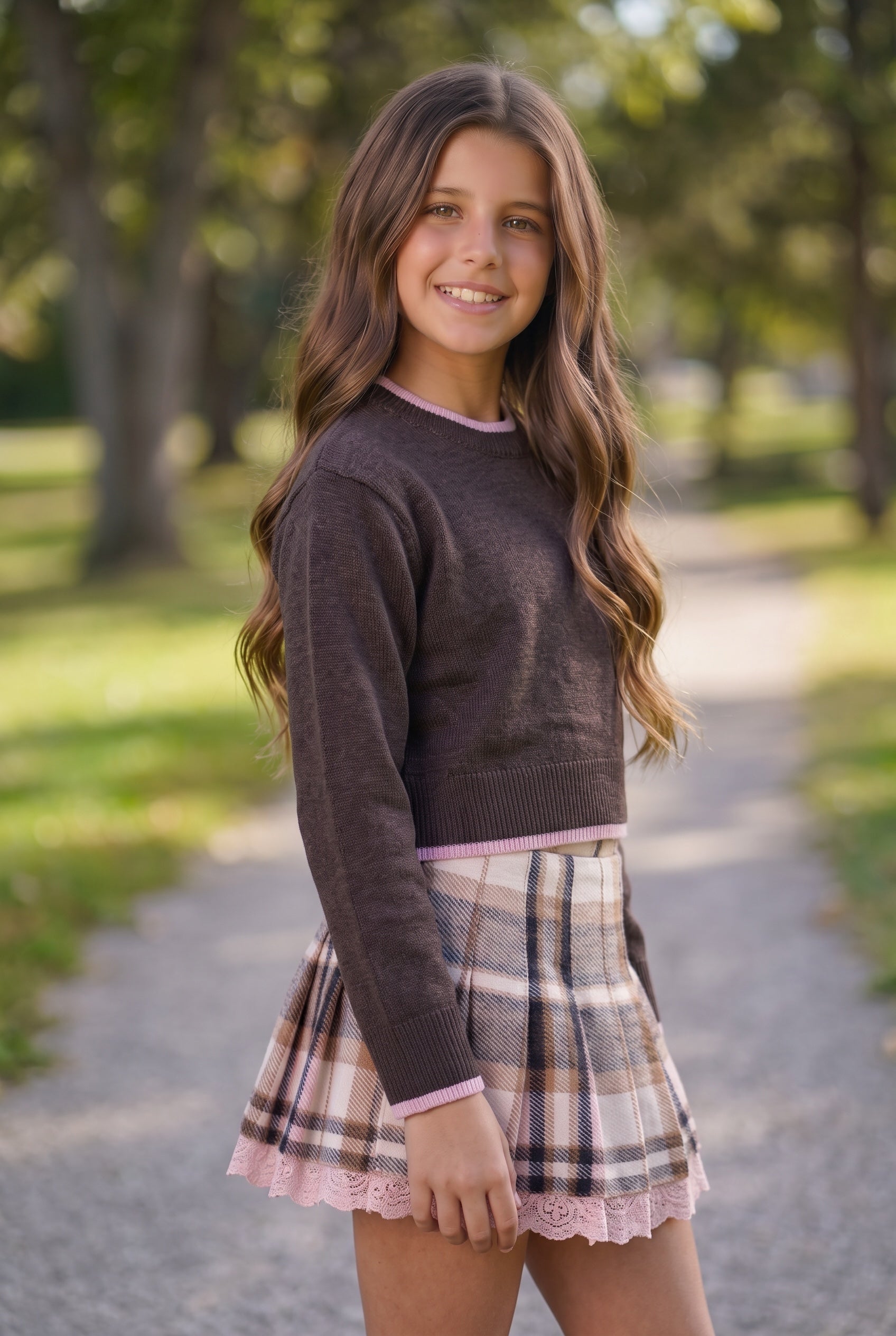 tween girl in the park wearing a KatieJ Nova cropped sweater in espresso brown with pink trim with coordinating plaid pleated skirt 