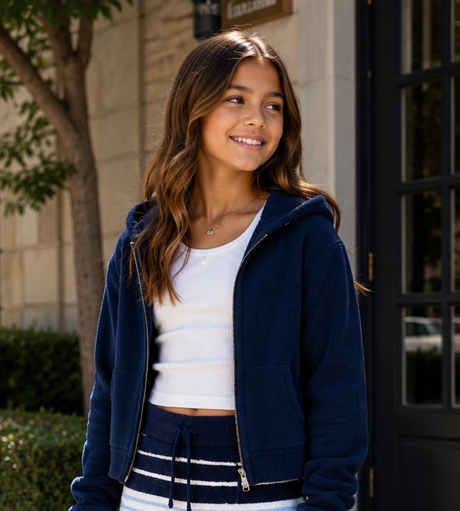 A young woman stands on a sidewalk in front of a building entrance, wearing a navy blue zip-up hoodie, a white cropped tank top, navy and white horizontally striped wide-leg sweatpants, and white sneakers.