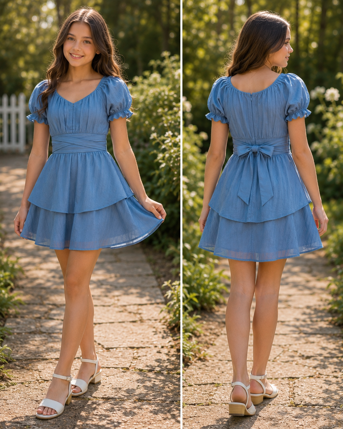 A young girl modeling a light blue tiered mini dress in a garden setting, shown in a side-by-side front and back view. The dress features short puff sleeves, a V-neckline, and a matching fabric tie at the back waist.