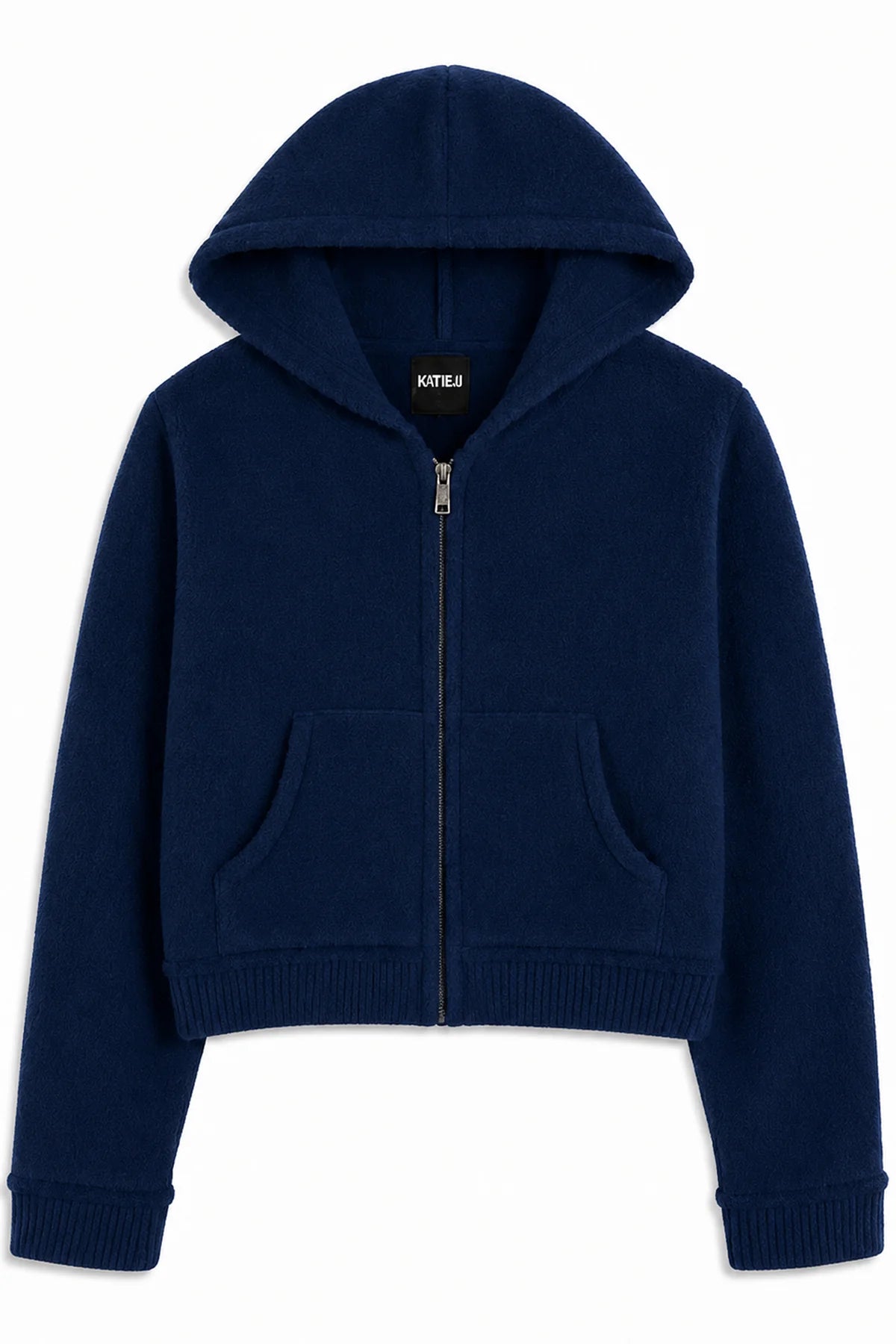 A KatieJ navy blue cropped zip-up hoodie with a drawstring hood, front pockets, and ribbed cuffs and hem, shown against a plain white background.