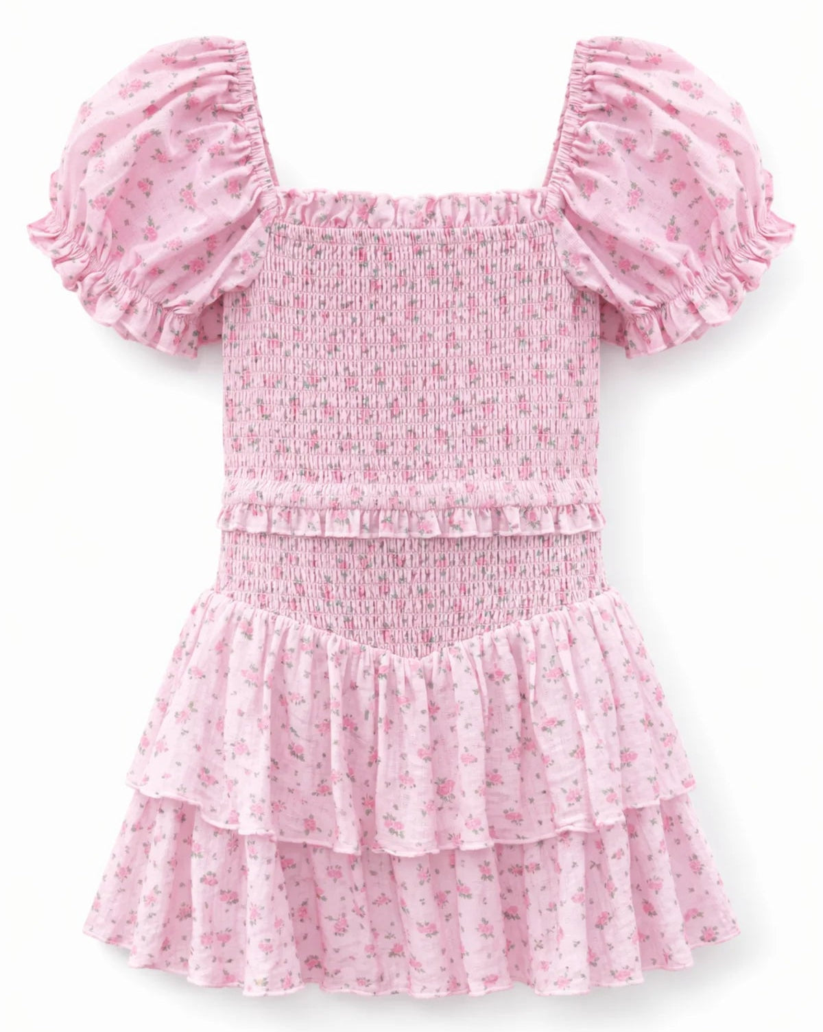 pink rose print dress with puff sleeves and a smocked bodice by katiej nyc 