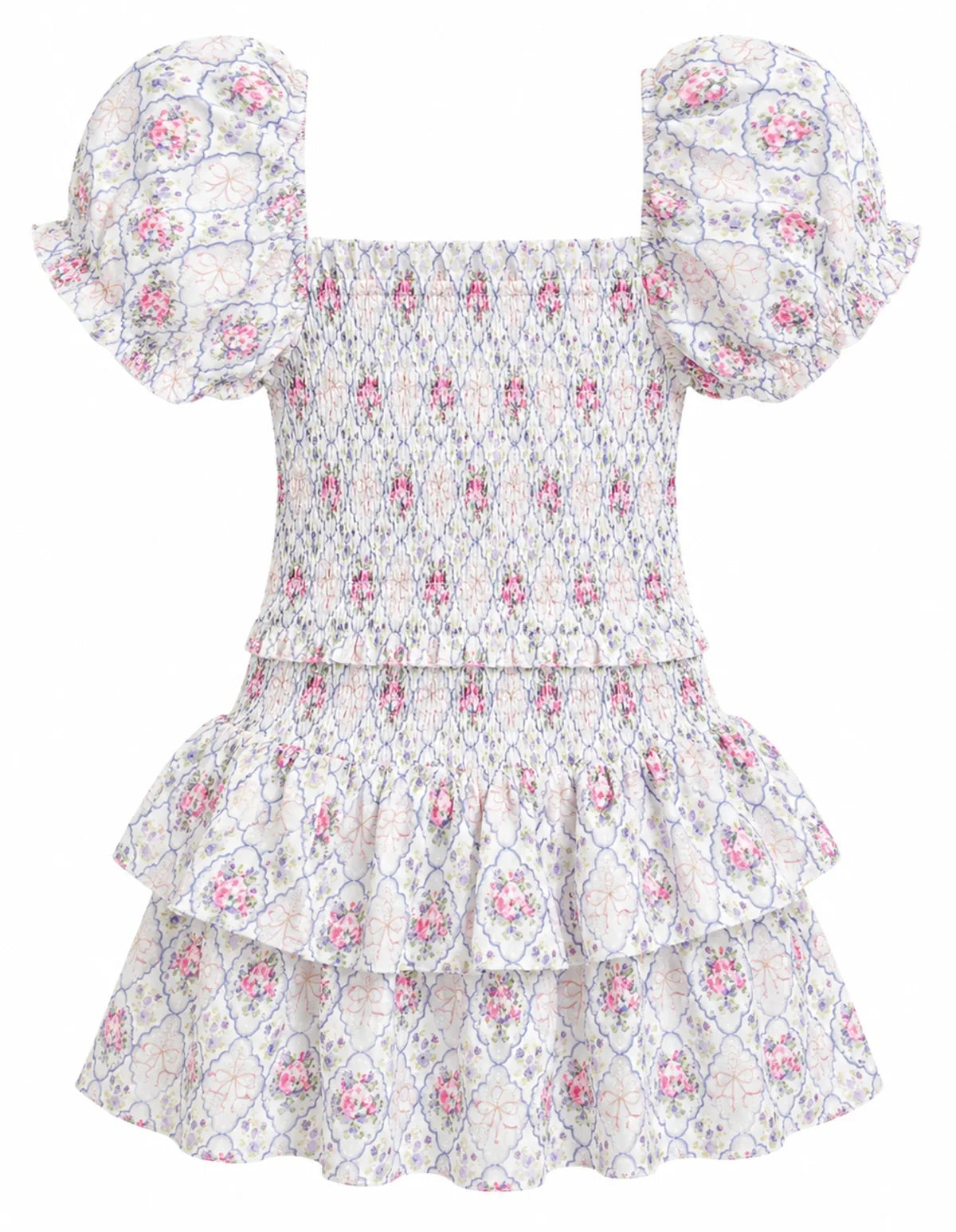 floral print dress for tween girls by katiej with puff sleeves and a double ruffle skirting 