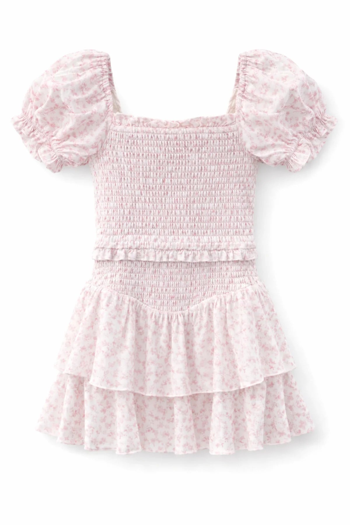 Pink floral smocked  katiej dress with ruffled sleeves on a white background