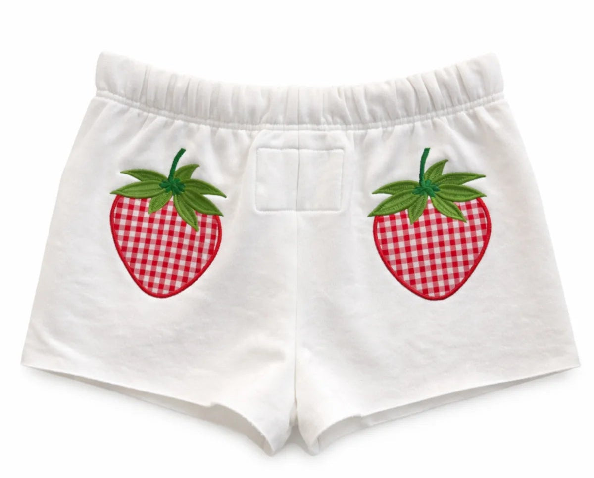 katiej white knit short with strawberry appliques