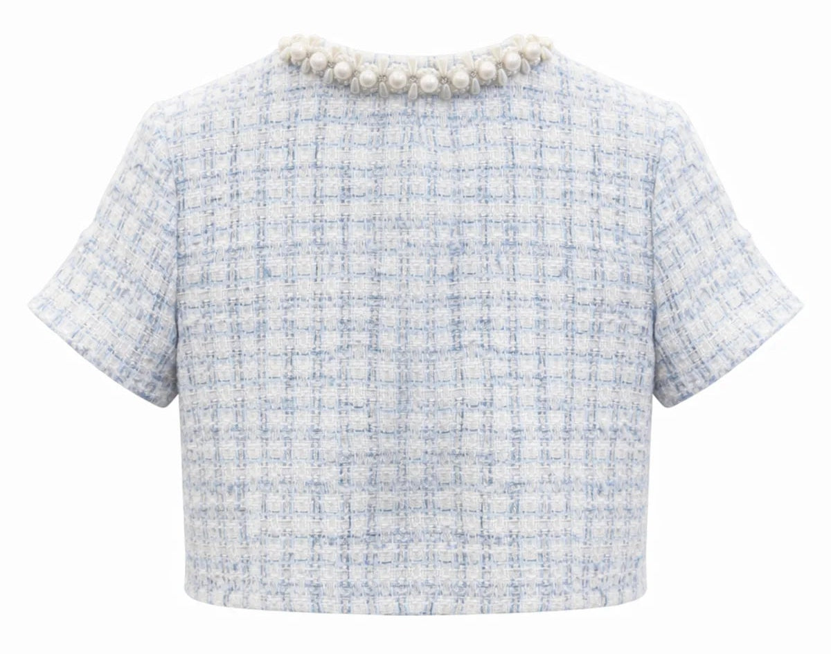 girls bolero with pearls in blue boucle by katiej nyc