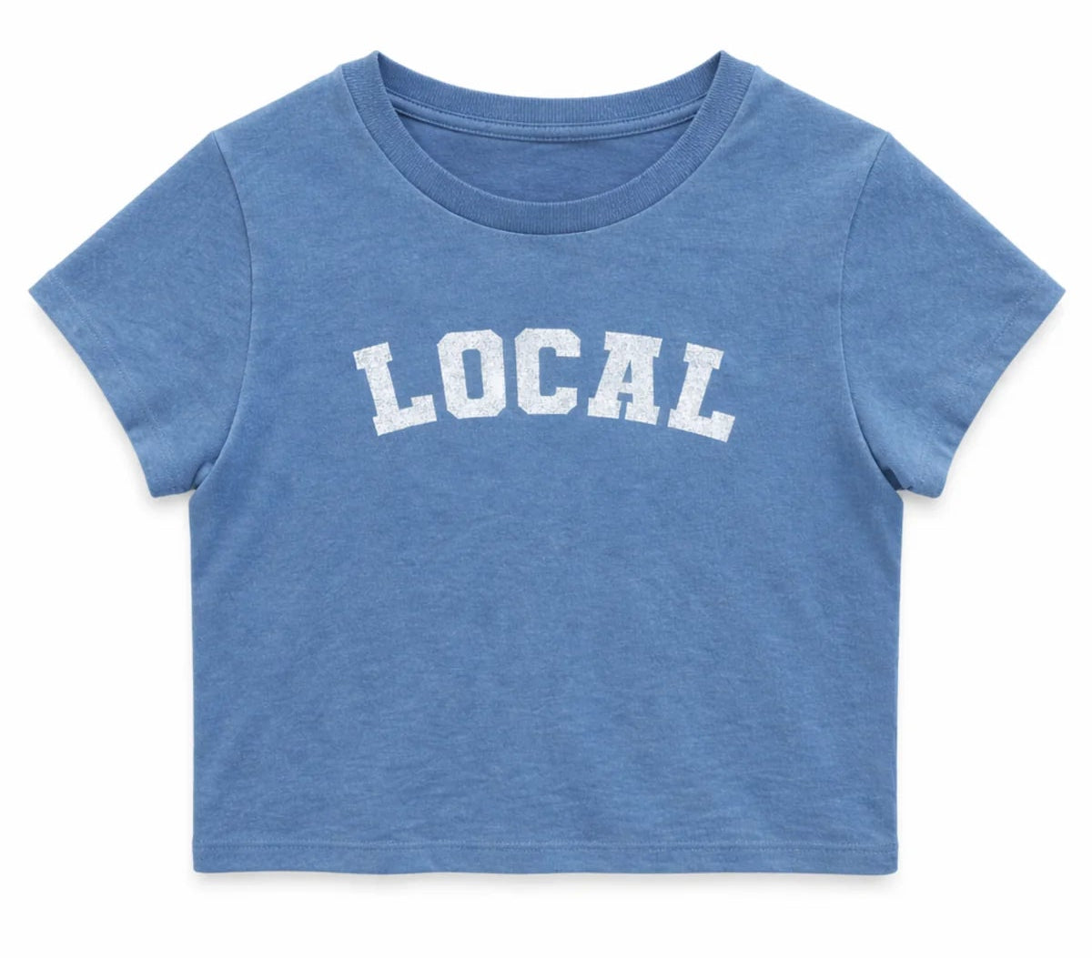 katiej nyc tween crop tee in blue with white lettering spelling local 