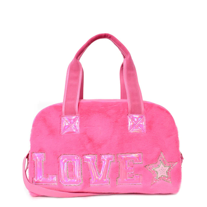 &#39;Love&#39; Hot Pink Plush Duffel Bag