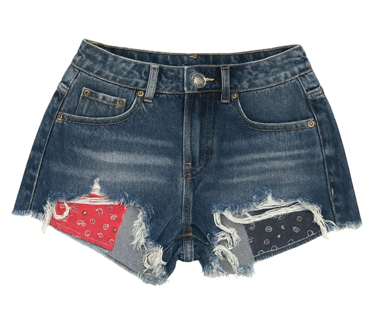 Blue denim tween girl shorts with distressed details on a white background