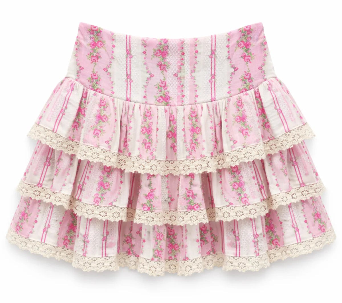 katiej nyc Pink and white striped skirt with floral patterns on a white background