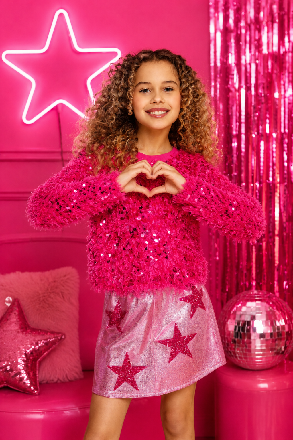Metallic pink girls skirt featuring oversized hot pink sequin stars by MIA New York.