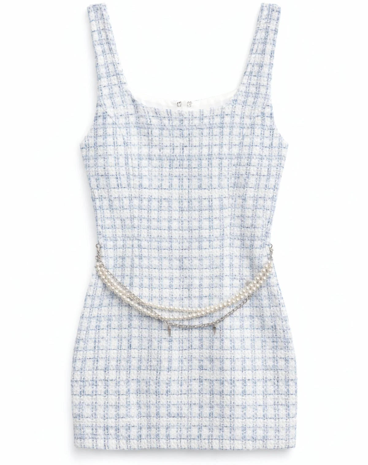 KatieJ NYC boucle dress with a pearl belt on a white background