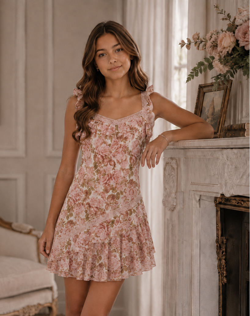Marlo Kids Camellia Frill Mini Dress for girls in Blush Heirloom Floral with ruffled straps and soft pink rose print.