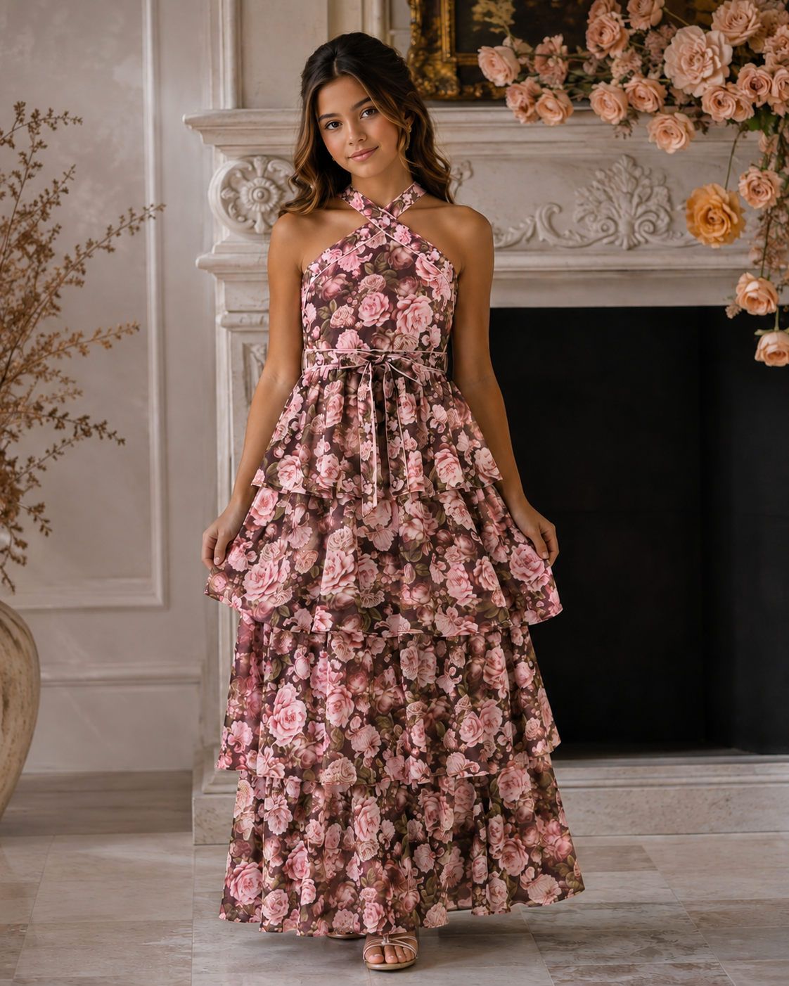 Marlo Kids Camellia girls maxi dress in Vintage Rosewood Floral with halter neckline, tie waist, and tiered skirt.