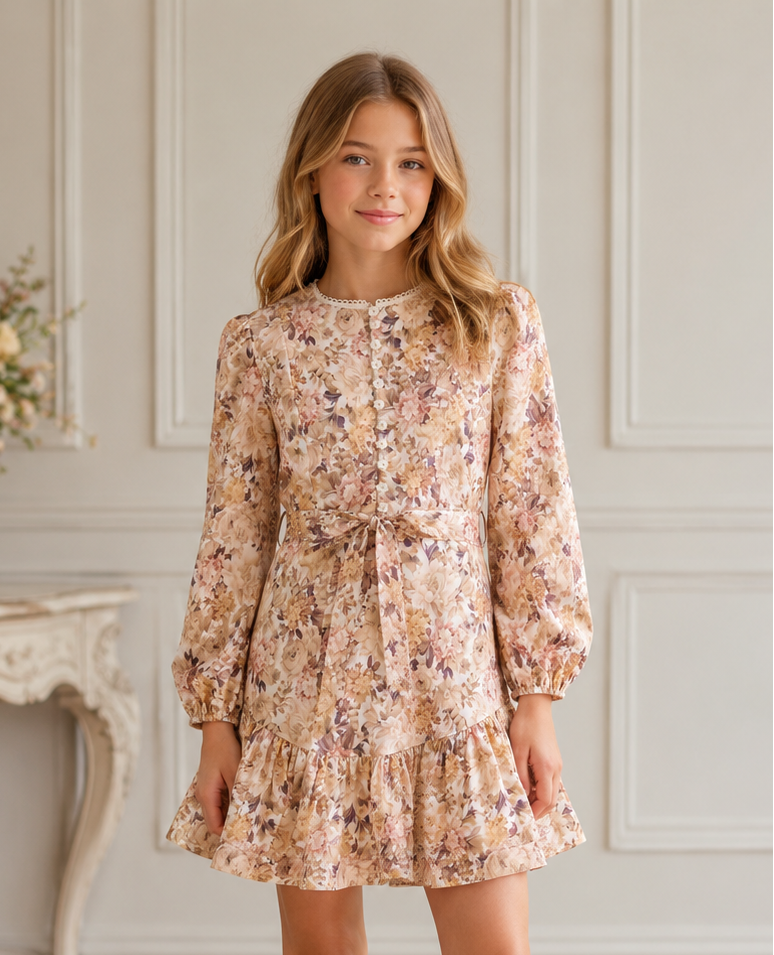 Marlo Kids Josette long sleeve mini dress for girls in Autumn Heirloom Floral with button-detail bodice, tie waist, and flounce hem.