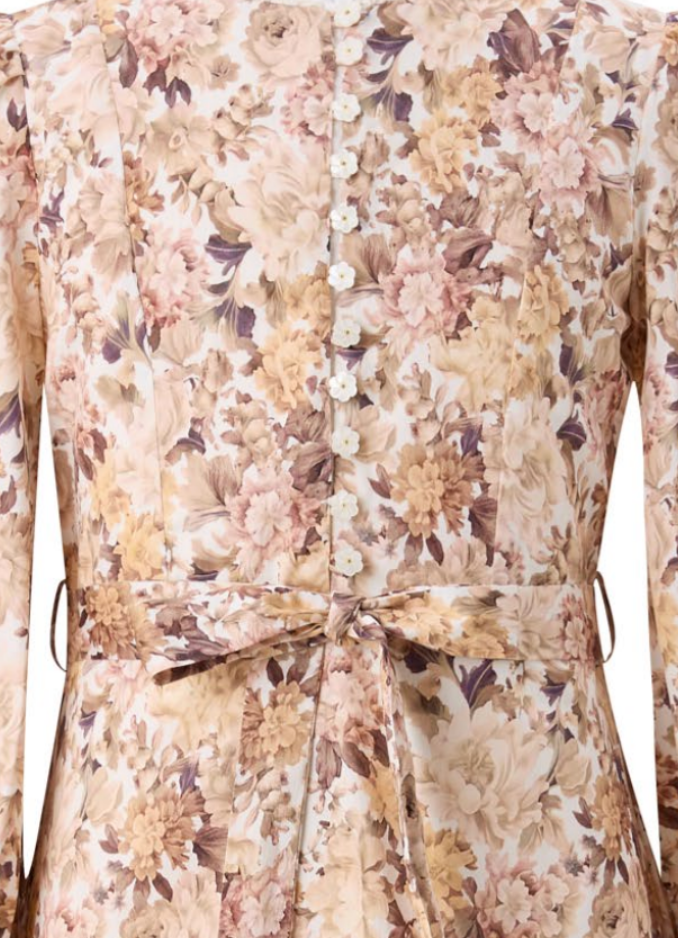 Marlo Kids Josette long sleeve special occasion mini dress for girls in muted autumn florals with delicate trim and gathered hem.