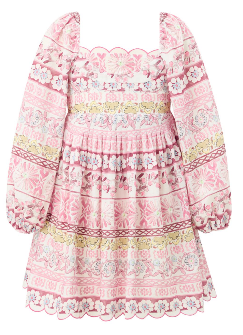 Girls luxury embroidered floral dress by Marlo Kids with pleated waist, statement sleeves, and pink mosaic-inspired floral pattern.