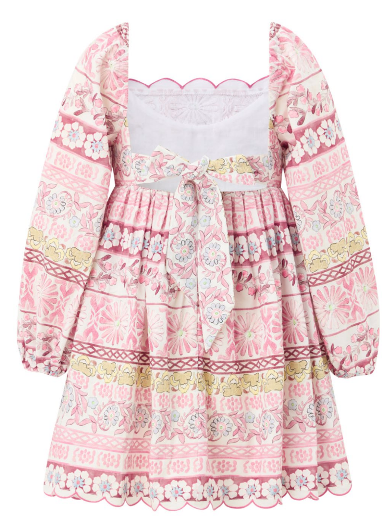 Marlo Kids Lara floral mini dress for girls featuring embroidered detailing, scalloped trim, and a self-tie back sash for special occasions.