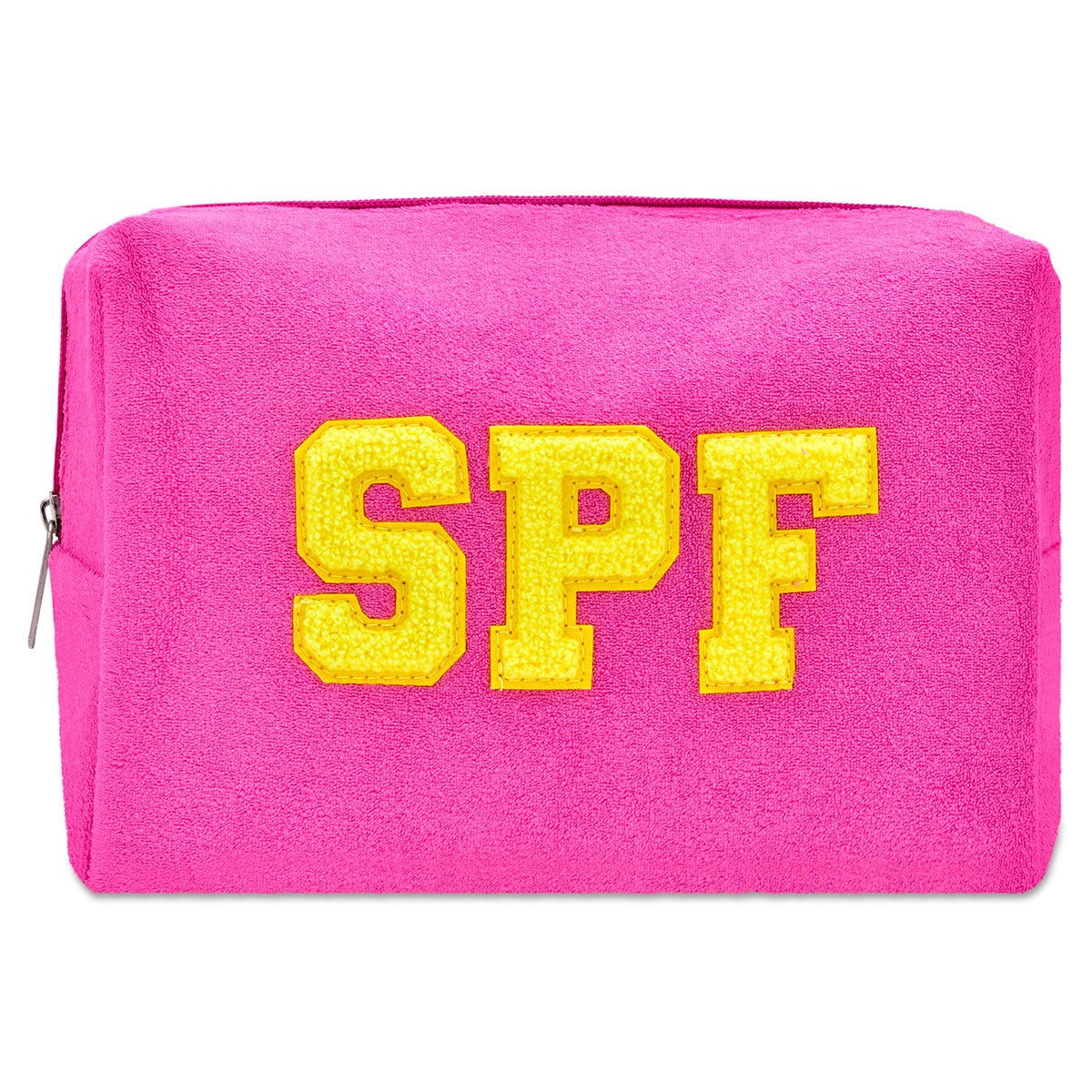 Matching terry cosmetic pouch with chenille SPF lettering fits neatly inside the Iscream clear beach tote for travel and summer organization.