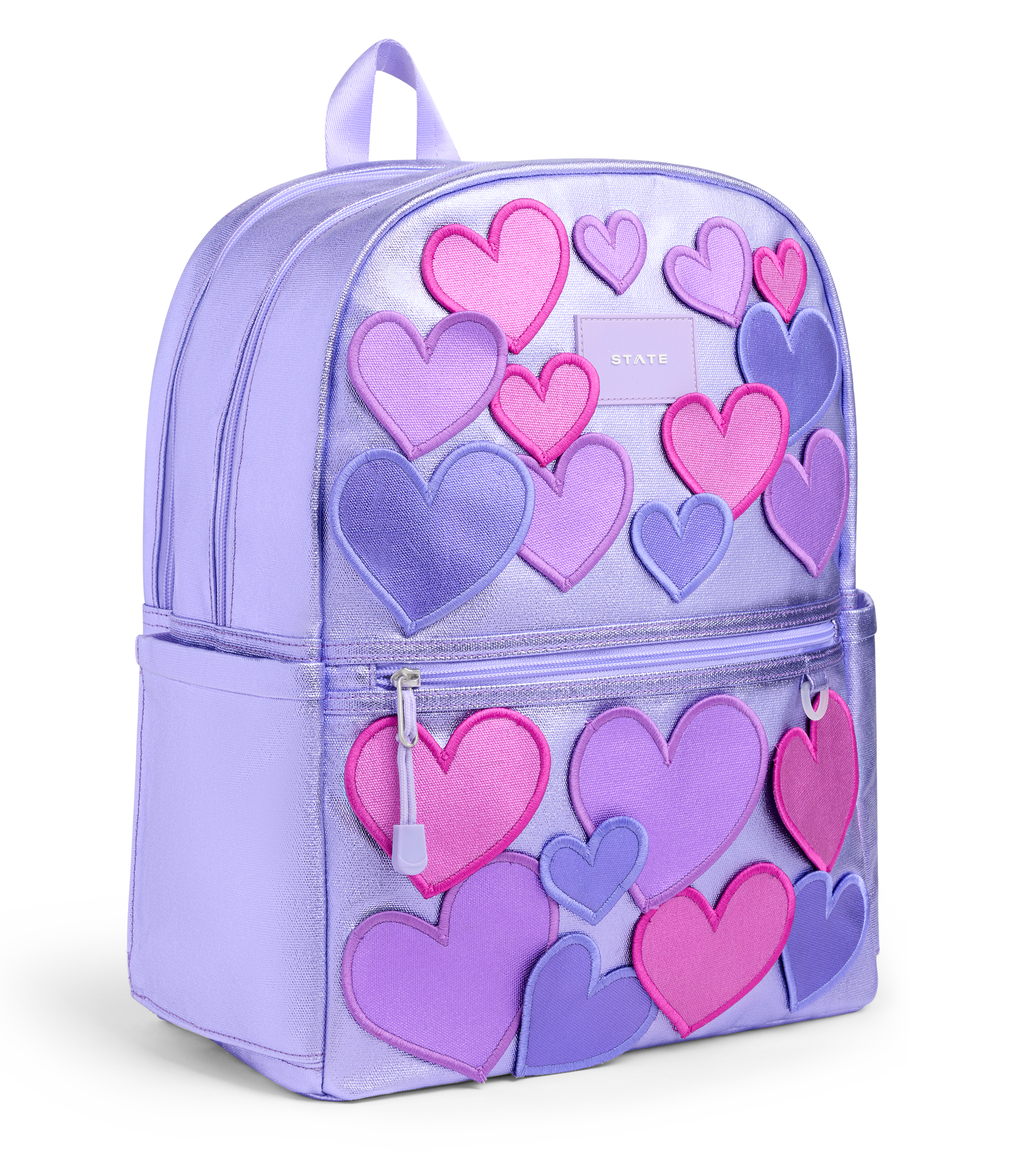 Side angle of the STATE Bags 3D Hearts backpack showing two spacious compartments, side water bottle pocket, and premium metallic finish.