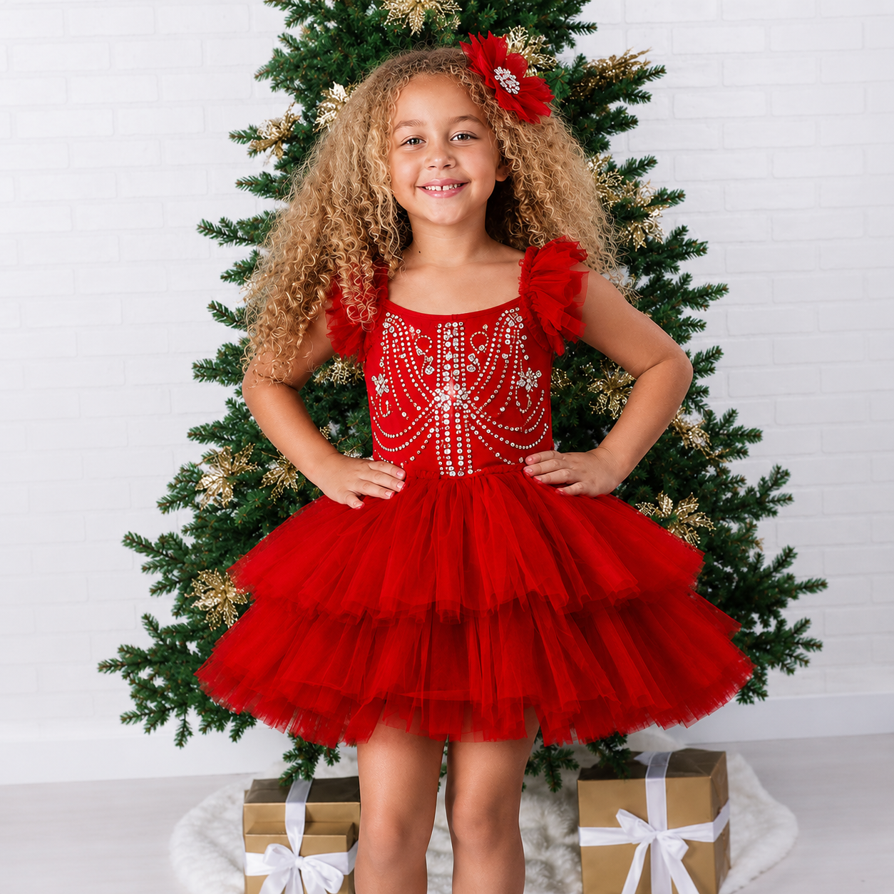 young girl taking holiday photos in aOoh! La, La! Couture Aurelie ruby red girls holiday tutu dress with beaded bodice with a christmas tree in the background