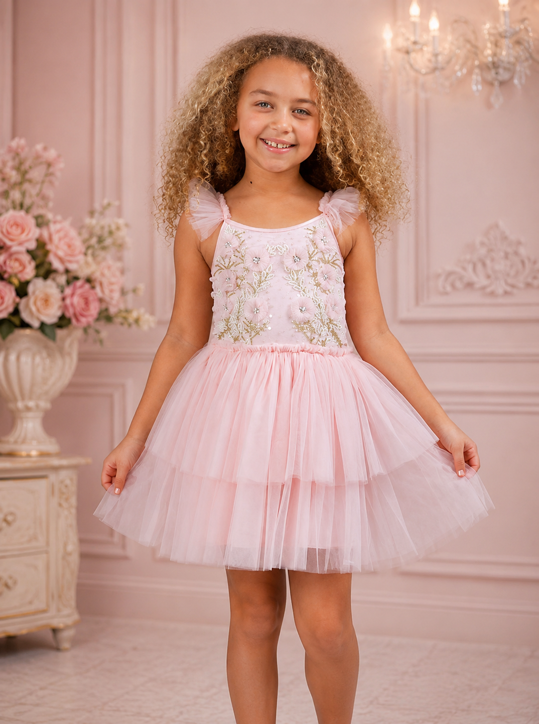 La, La! Couture Camille Dress in Pink featuring a hand-beaded bodice and premium soft tulle skirt.