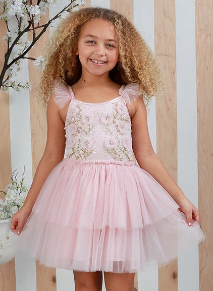 Girl wearing the Ooh! La, La! Couture Camille Dress in Pink featuring a hand-beaded bodice and premium soft tulle skirt.