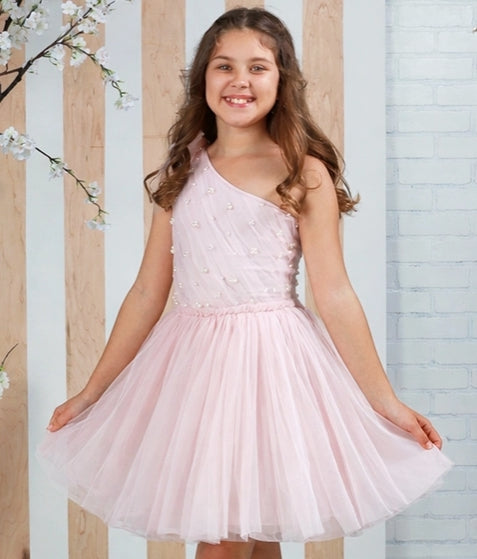 Girl wearing the Ooh! La, La! Couture Cecile Dress in Pink featuring elegant pearl detailing and a soft layered tulle skirt.