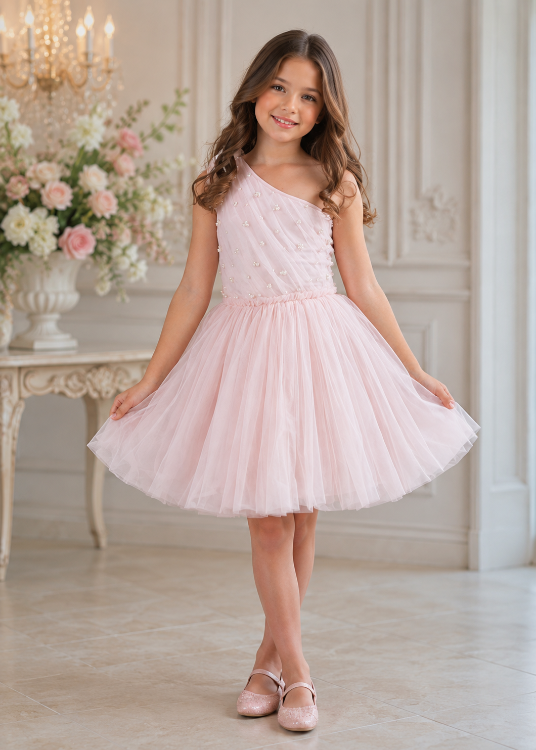 Girl wearing the Ooh! La, La! Couture Cecile Dress in Pink featuring elegant pearl detailing and a soft layered tulle skirt.