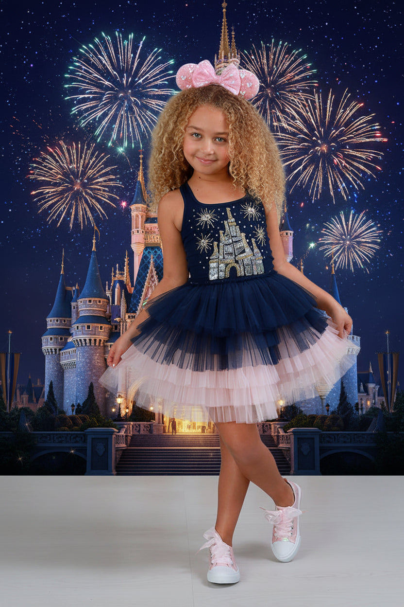 Ooh! La, La! Couture navy and pink princess castle dress for girls featuring an intricately embellished bodice and layered two-tone tulle skirt.